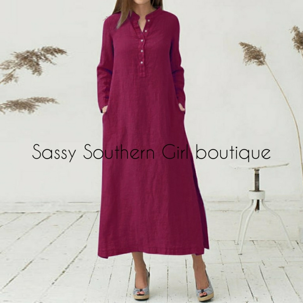 ⭐🆕Boho mineral washed burgundy maxi shirt dress
